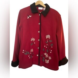 Alfred Dunner Size Small Red Embroidered Women's Jacket fleece Floral